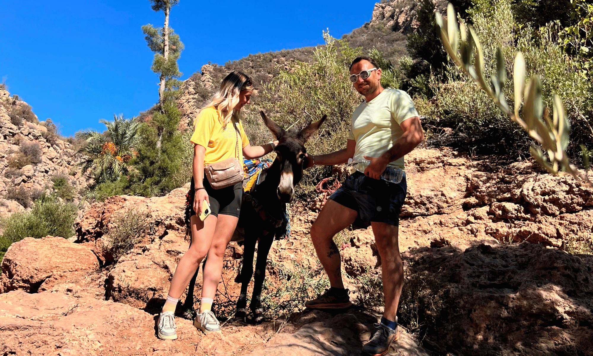 Hiking along the valley floor in Paradise Valley Morocco near Taghazout — palm oasis and canyon walls in the Atlas Mountains